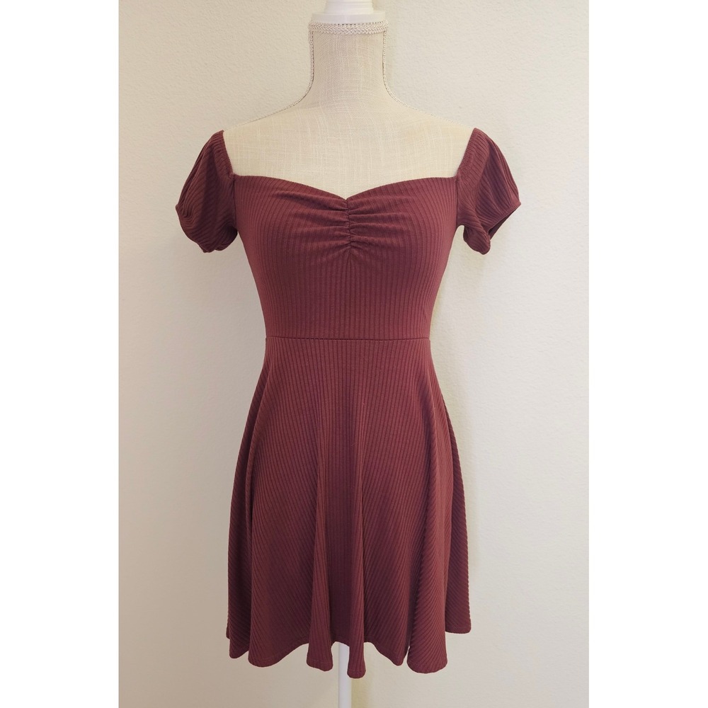 BP Women Burgundy Sweetheart Ribbed Skater Dress Short Sleeve XS Burgundy Red